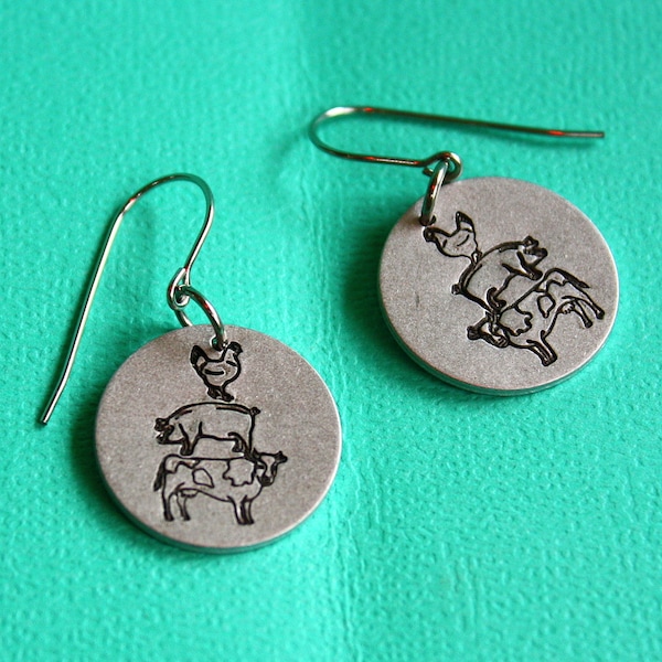 Cow Pig Chicken Earrings - Hand Stamped Jewelry - Aluminum Disc