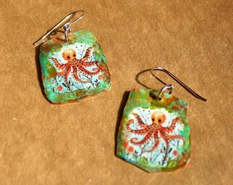 Folk Art Octopus Earrings - Copper