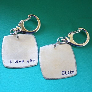 I Love You / Ditto Key Chain Pair Personalized Hand Stamped Key Ring Gift for Couples image 1