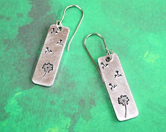 Dandelion Earrings - Hand Stamped Jewelry - Stainless Steel Ear Wires - Aluminum Rectangle