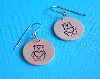 Love Bear Earrings - Hand Stamped Jewelry - Surgical Steel Ear Wires - Aluminum Disc