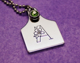 Cattle Tag Initial Necklace - Stamped Aluminum Pendant - Crystal Birthstone