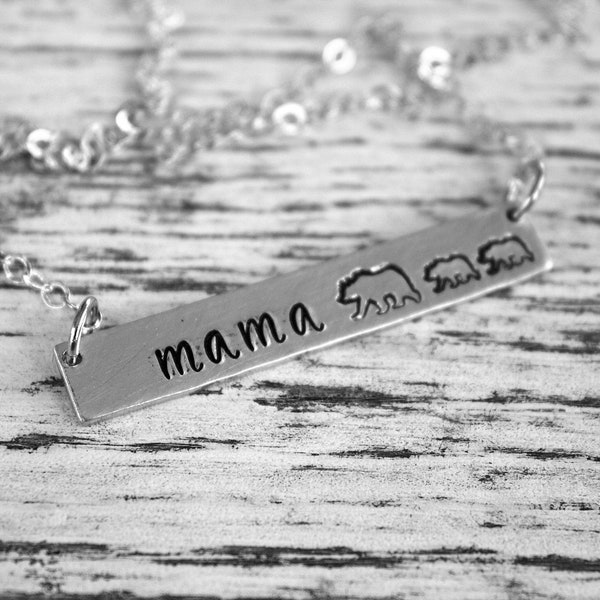 Mama Bear Necklace - Aluminum Bar Necklace - Hand Stamped Jewelry - Can Be Personalized