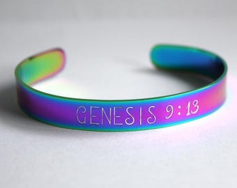 Genesis 9:13 - Hand Stamped Cuff Bracelet - Message Jewelry - Rainbow Colored Stainless Steel