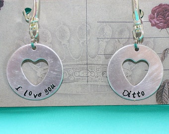 I Love You and Ditto Key Chain Pair - Disc Heart Cut Out - Hand Stamped Key Ring - Gift for Couples