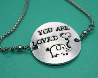 You Are Loved - Hand Stamped Adjustable Bolo Bracelet - Message Jewelry - Slide Bracelet