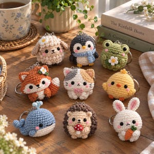May include: A collection of nine crocheted animal keychains featuring a sheep, penguin, frog, fox, cat, chick, whale, hedgehog, and rabbit. Each small plush figure is crafted with yarn, includes a metal keyring, and displays distinct features like a small flower, scarf, or carrot.