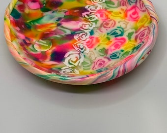 Bright Colorful Floral Printed Polymer Clay Ring/Trinket Dish