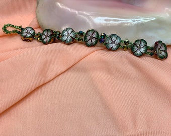 Green and Brown Flower & Crystal Bracelet With Button Closure