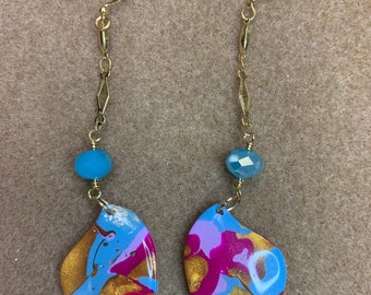 Pink, Gold & Turquoise Long Dangle Leaf Earring