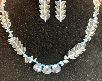 Clear Crystal Beaded Necklace and Earrings with Blue Crystal Drops and Seed Beads