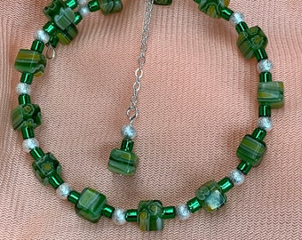 Czech Glass Green Beaded Memory Wire Bracelet