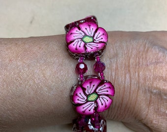 Fuchsia Beaded Flower & Crystal Bracelet With Button Closure