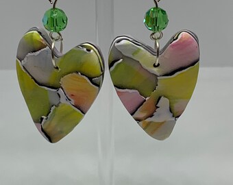 Yellow Torn Paper Technique Polymer Clay Hearts Earrings Studs