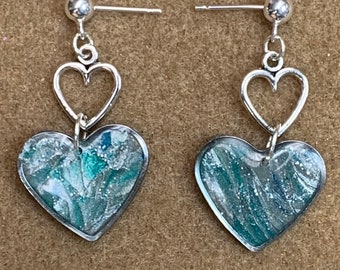 Double Heart Blue Sparkle Dangle Stud Earrings Silver Plated