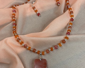 Orange and Cream Glass Beaded Necklace and Earring Set