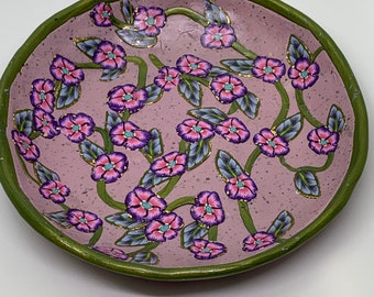 Pink with Green Trim Floral Ring or Trinket Dish Round 4 Inch Across