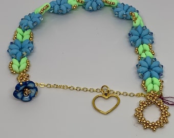 Blue Floral and Green Leaf Beaded Bracelet With Open Heart Charm & Safety Chain