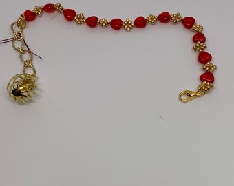 Red Glass Heart and Golden Diamond Bracelet with Basket Charm