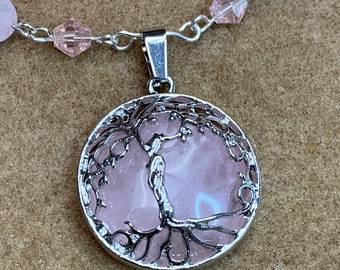 Pink Quartz Tree of Life Pendant and Beaded Necklace Silver Plated