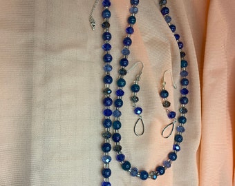 Sapphire Blue Crystal Beaded Necklace, Bracelet and Earring Set Silver Plated