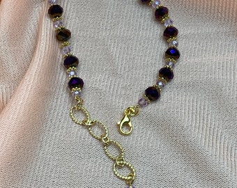 Purple Faceted Beaded Bracelet with Crystals Gold Spacer Beads