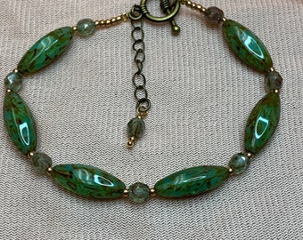 Handcrafted Green Czech Glass and Tavertine Beaded Bracelet