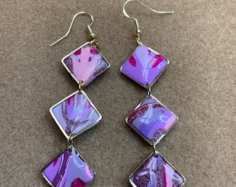 Pink and Purple Triple Diamond Dangle Earrings Gold Plated