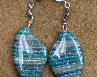 Blue & Silver Stripe Leaf Earrings One of a Kind