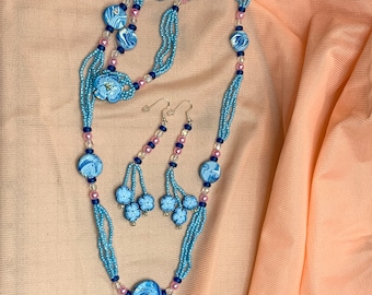 Handcrafted Blue and Pink Beaded Necklace and Earrings Set