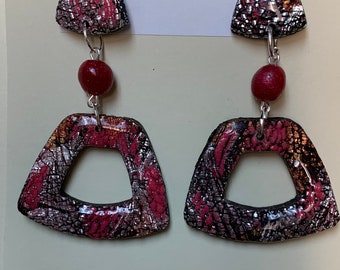 Gold, Silver, Copper and Red Dangle Earrings