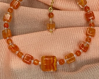 Orange Czech Glass Beaded Memory Wire Bracelet 7 Inch