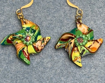 Earthy Pinwheel Dangle Earrings Gold Plated