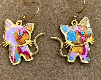 Blue Eyed Multicolor Cat Earrings Gold Plated