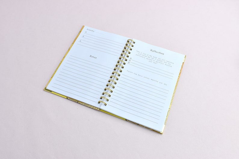 Guided journal displays two pages of content inside of the journal. Features a reflection page and a page with a date and notes section; gold binding.