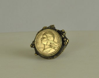 France Coin Ring - 10 Centimes Coin - Brass Ring - Gold Tone Coin Ring - Adjustable Coin Ring