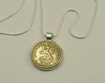 Finland Coin Necklace 1971 - Coin Layer Necklace - Gold Tone Coin with Silver Chain 50 Pennia Coin