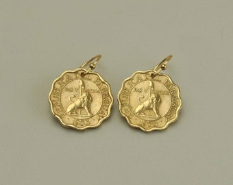 Paraguay Coin Earrings 1953 Seated Lion - Gold Tone Coin Earrings