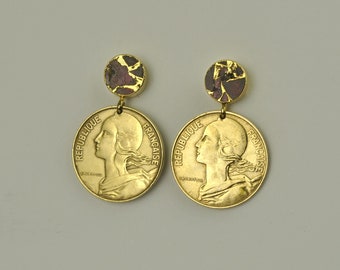 France Coin Earrings 20 Centimes with Ruby Dyed Jade Post - France Coins from 1987