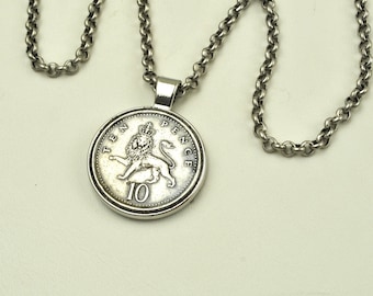 British Coin Necklace 10 Pence 1992 - Coin Layer Necklace Silver Tone Coin