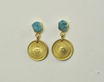 Argentina Coin Earrings Sun of May - Coin and Turquoise Earrings