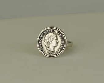 Switzerland Coin Ring 1934 - 5 Rappen Coin - Liberty Head Coin Silver Tone Coin Ring