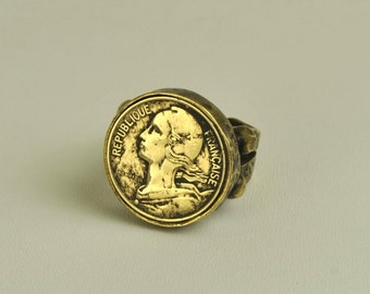 France Coin Ring - 10 Centimes Coin - Brass Ring - Adjustable Coin Ring