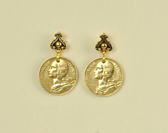 French Coin Earrings 10 Centimes from 1967 - Gold Tone Coin Earrings