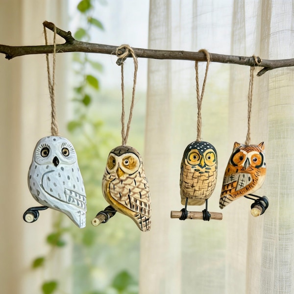 Wooden Owl Ornament Set , Hand Carved Owl Decor, Rustic Hanging Bird Figurine, Nature Home Accent, Christmas Tree Gift, Owl Lover Gift