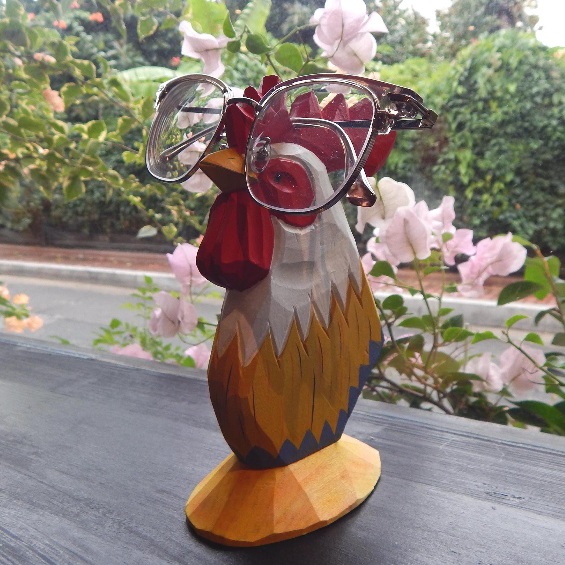 Hand-Carved Wooden Rooster Eyeglass Holder: Christmas Ornament Gift for Friends