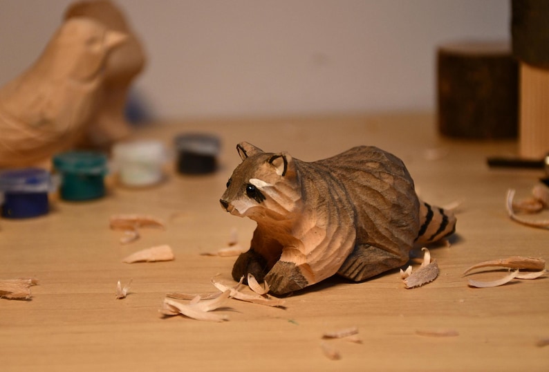 Hand-Carved Wooden Raccoon Figurine: Christmas Raccoon Ornament Gift for Friends image 2