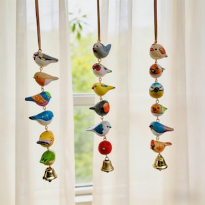 Wood Bird Wind Chime, Hanging Bell Decor, Rustic Porch Ornament, Garden Window Mobile, Calming Nature Gift, Farmhouse Decor Set of 3