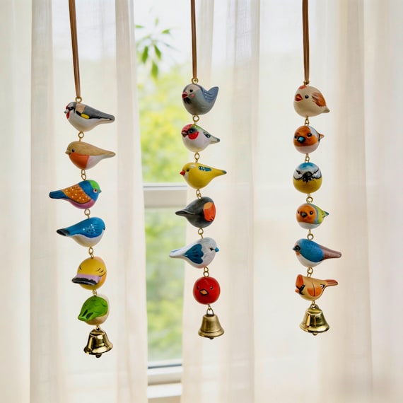 Wood Bird Wind Chime, Hanging Bell Decor, Rustic Porch Ornament, Garden Window Mobile, Calming Nature Gift, Farmhouse Decor