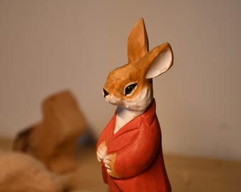 Hand-Carved Wooden Rabbit Figurine –  Rustic Home Decor, Easter Gift, Birthday Gift for Her, Wood Carving Art, Rustic Shelf Accent